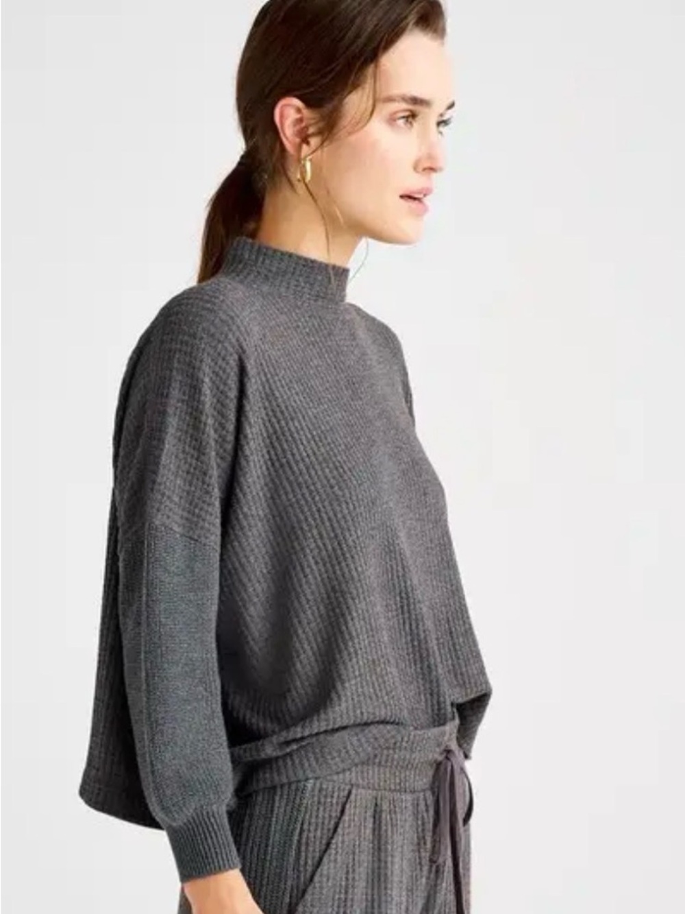 Splendid grey waffle knit cropped sweater oversized L XL balloon sleeve